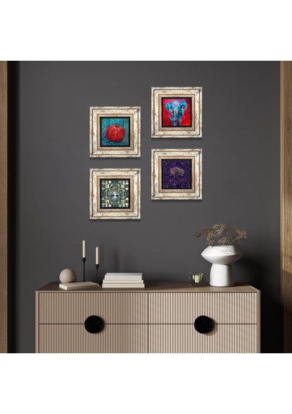 Hayat Ağacı, Fil, Nar Taş Duvar Tablosu Çerçeveli Duvar Dekoru 4 Parça Tablo Seti Wall Art T4-1286