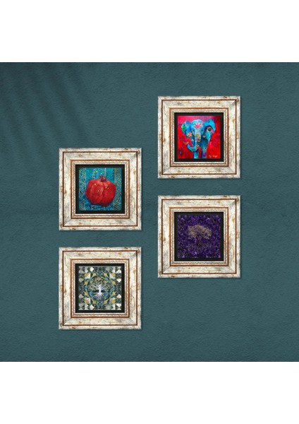 Hayat Ağacı, Fil, Nar Taş Duvar Tablosu Çerçeveli Duvar Dekoru 4 Parça Tablo Seti Wall Art T4-1286 fırsatları