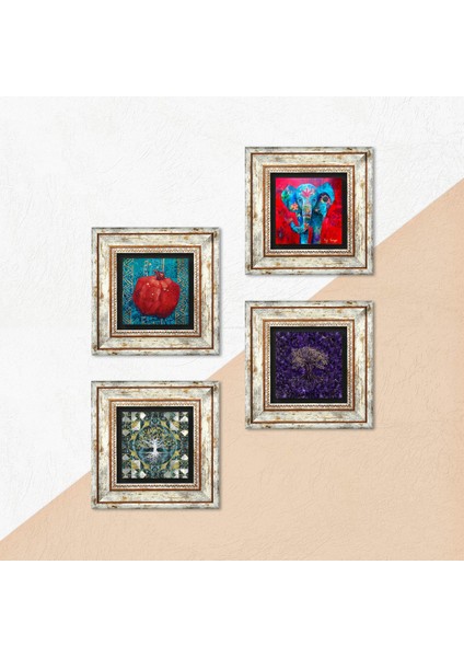 Hayat Ağacı, Fil, Nar Taş Duvar Tablosu Çerçeveli Duvar Dekoru 4 Parça Tablo Seti Wall Art T4-1286 indirimleri