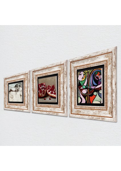 Picasso Ayna Karşısındaki Kız, Da Vinci At Heykeli, Nar Taş Duvar Tablosu Çerçeveli Duvar Dekoru 3 Parça Tablo Seti Wall Art T3-1346