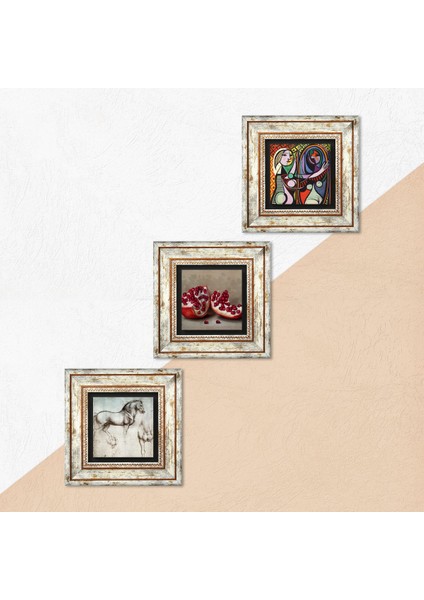 Picasso Ayna Karşısındaki Kız, Da Vinci At Heykeli, Nar Taş Duvar Tablosu Çerçeveli Duvar Dekoru 3 Parça Tablo Seti Wall Art T3-1346