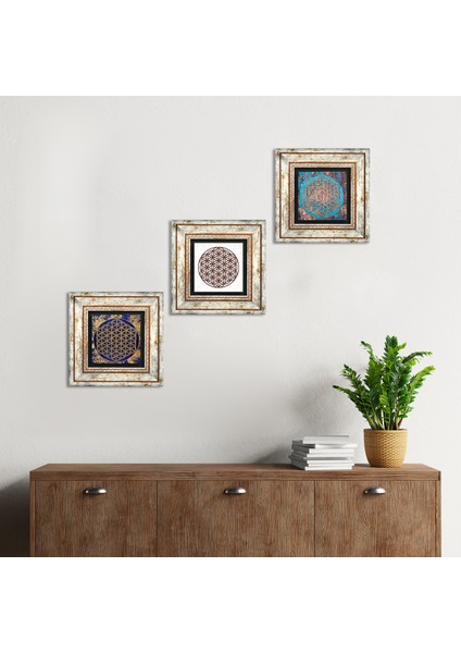 Stone Yaşam Çiçeği Çerçeveli Taş Duvar Tablosu 3’lü Set - Dekoratif Modern Sanat, Ev ve Ofis Dekoru |TK3-135|