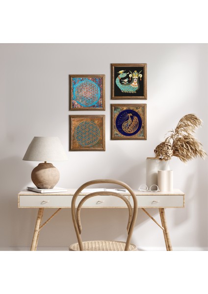 Yaşam Çiçeği, Tavus Kuşu, Şahmeran Taş Duvar Tablosu Ahşap Çerçeveli Duvar Dekoru 4 Parça Tablo Seti Wall Art W4-476