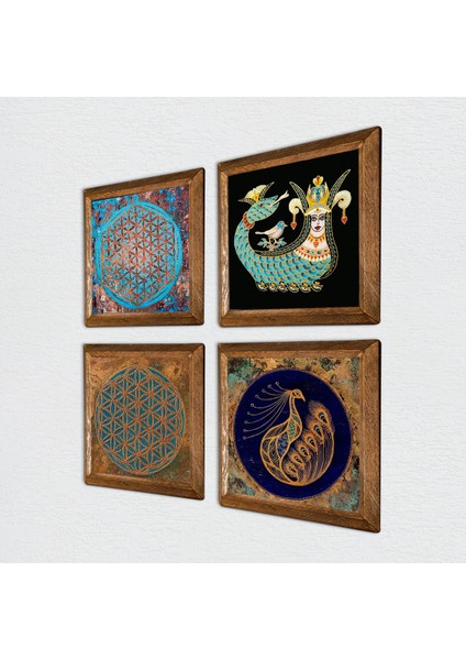 Yaşam Çiçeği, Tavus Kuşu, Şahmeran Taş Duvar Tablosu Ahşap Çerçeveli Duvar Dekoru 4 Parça Tablo Seti Wall Art W4-476