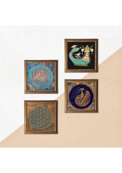 Yaşam Çiçeği, Tavus Kuşu, Şahmeran Taş Duvar Tablosu Ahşap Çerçeveli Duvar Dekoru 4 Parça Tablo Seti Wall Art W4-476