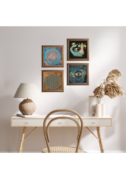 Nazar, Yaşam Çiçeği, Şahmeran Taş Duvar Tablosu Ahşap Çerçeveli Duvar Dekoru 4 Parça Tablo Seti Wall Art W4-483