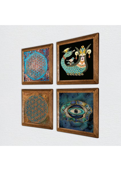 Nazar, Yaşam Çiçeği, Şahmeran Taş Duvar Tablosu Ahşap Çerçeveli Duvar Dekoru 4 Parça Tablo Seti Wall Art W4-483