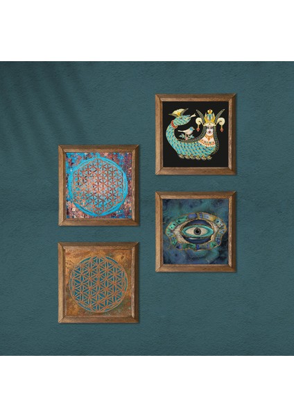 Nazar, Yaşam Çiçeği, Şahmeran Taş Duvar Tablosu Ahşap Çerçeveli Duvar Dekoru 4 Parça Tablo Seti Wall Art W4-483