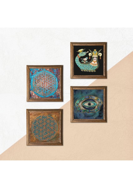 Nazar, Yaşam Çiçeği, Şahmeran Taş Duvar Tablosu Ahşap Çerçeveli Duvar Dekoru 4 Parça Tablo Seti Wall Art W4-483