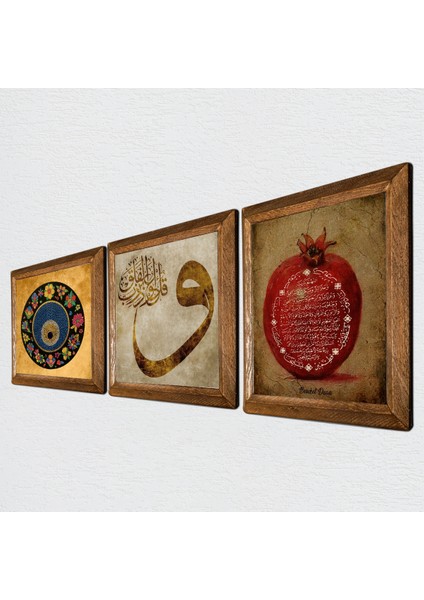 Vav, Nazar Boncuğu, Bereket Duası Taş Duvar Tablosu Ahşap Çerçeveli Duvar Dekoru 3 Parça Tablo Seti Wall Art W3-287