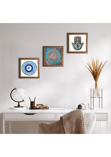 Nazar, Yaşam Çiçeği, Fatma Ana Eli (Hamsa) Taş Duvar Tablosu Ahşap Çerçeveli Duvar Dekoru 3 Parça Tablo Seti Wall Art W3-329