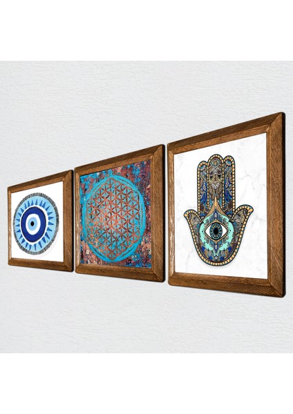 Nazar, Yaşam Çiçeği, Fatma Ana Eli (Hamsa) Taş Duvar Tablosu Ahşap Çerçeveli Duvar Dekoru 3 Parça Tablo Seti Wall Art W3-329