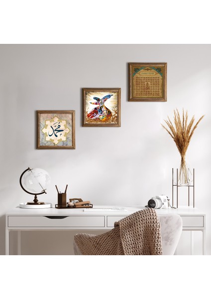 Hz. Muhammed Lafzı, Esma'ül Hüsna, Semazen Taş Duvar Tablosu Ahşap Çerçeveli Duvar Dekoru 3 Parça Tablo Seti Wall Art W3-354