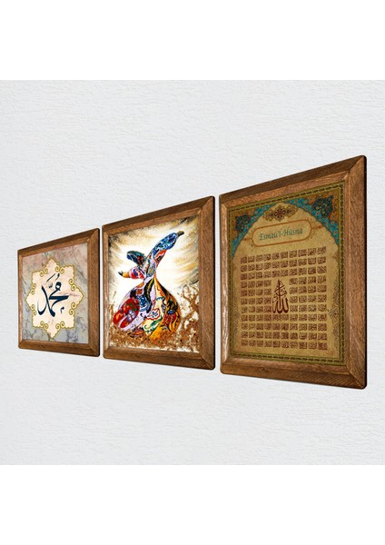 Hz. Muhammed Lafzı, Esma'ül Hüsna, Semazen Taş Duvar Tablosu Ahşap Çerçeveli Duvar Dekoru 3 Parça Tablo Seti Wall Art W3-354 fiyatları
