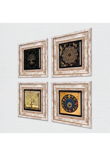 Sri Yantra, Hayat Ağacı, Nazar, Gustav Klimt Hayat Ağacı Çerçeveli Taş Duvar Tablosu 4’lü Set - Dekoratif Modern Sanat, Ev ve Ofis Dekoru |TK4-734| fiyatları