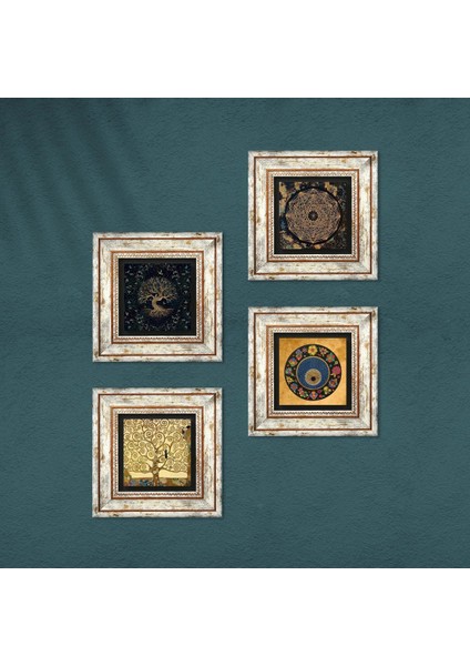 Sri Yantra, Hayat Ağacı, Nazar, Gustav Klimt Hayat Ağacı Çerçeveli Taş Duvar Tablosu 4’lü Set - Dekoratif Modern Sanat, Ev ve Ofis Dekoru |TK4-734| fırsatları