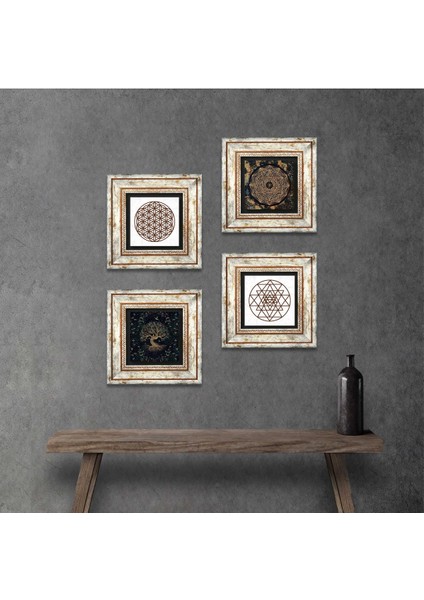 Yaşam Çiçeği, Sri Yantra, Hayat Ağacı Taş Duvar Tablosu Çerçeveli Duvar Dekoru 4 Parça Tablo Seti Wall Art T4-735