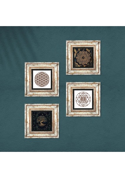 Yaşam Çiçeği, Sri Yantra, Hayat Ağacı Taş Duvar Tablosu Çerçeveli Duvar Dekoru 4 Parça Tablo Seti Wall Art T4-735 fırsatları