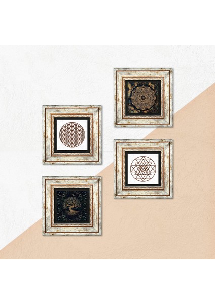 Yaşam Çiçeği, Sri Yantra, Hayat Ağacı Taş Duvar Tablosu Çerçeveli Duvar Dekoru 4 Parça Tablo Seti Wall Art T4-735 indirimleri