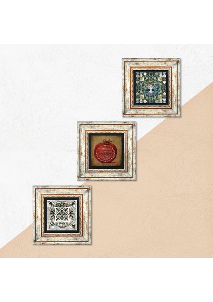Hayat Ağacı, Bereket Duası, Çini Sanatı Çerçeveli Taş Duvar Tablosu 3’lü Set - Dekoratif Modern Sanat, Ev ve Ofis Dekoru |TK3-693| indirimleri