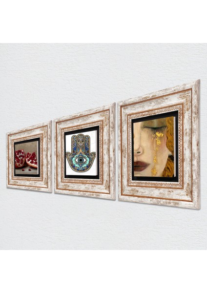 Stone Gustav Klimt Altın Gözyaşları, Nar, Fatma Ana Eli (Hamsa) Çerçeveli Taş Duvar Tablosu 3’lü Set - Dekoratif Modern Sanat, Ev ve Ofis Dekoru |TK3-714| fiyatları