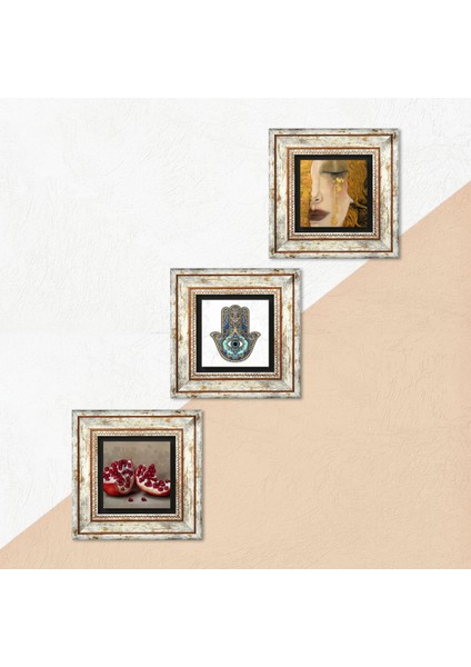 Stone Gustav Klimt Altın Gözyaşları, Nar, Fatma Ana Eli (Hamsa) Çerçeveli Taş Duvar Tablosu 3’lü Set - Dekoratif Modern Sanat, Ev ve Ofis Dekoru |TK3-714| indirimleri