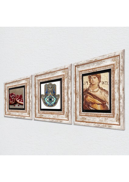 Stone Soteria Mozaiği, Nar, Fatma Ana Eli (Hamsa) Çerçeveli Taş Duvar Tablosu 3’lü Set - Dekoratif Modern Sanat, Ev ve Ofis Dekoru |TK3-722| fiyatları