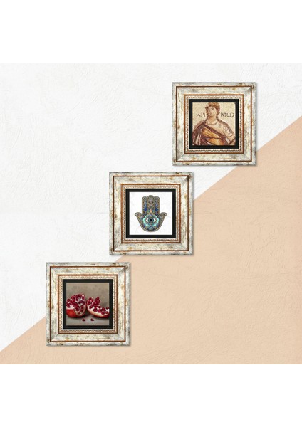Stone Soteria Mozaiği, Nar, Fatma Ana Eli (Hamsa) Çerçeveli Taş Duvar Tablosu 3’lü Set - Dekoratif Modern Sanat, Ev ve Ofis Dekoru |TK3-722| indirimleri