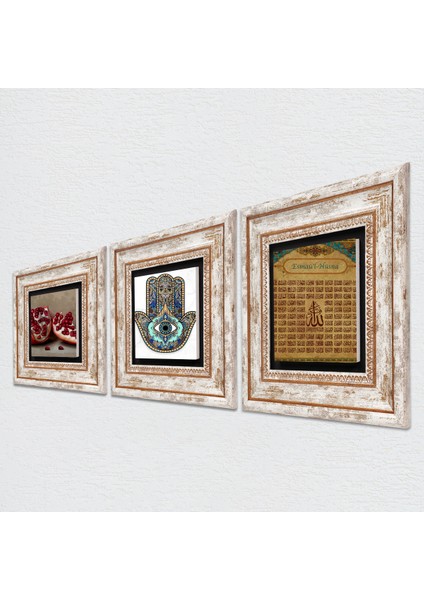 Esma'ül Hüsna, Nar, Fatma Ana Eli (Hamsa) Taş Duvar Tablosu Çerçeveli Duvar Dekoru 3 Parça Tablo Seti Wall Art T3-728 fiyatları