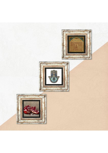 Esma'ül Hüsna, Nar, Fatma Ana Eli (Hamsa) Taş Duvar Tablosu Çerçeveli Duvar Dekoru 3 Parça Tablo Seti Wall Art T3-728 indirimleri