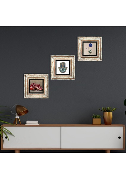 Ebru Sanatı, Nar, Fatma Ana Eli (Hamsa) Taş Duvar Tablosu Çerçeveli Duvar Dekoru 3 Parça Tablo Seti Wall Art T3-738