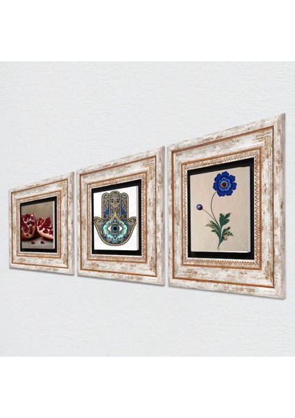 Ebru Sanatı, Nar, Fatma Ana Eli (Hamsa) Taş Duvar Tablosu Çerçeveli Duvar Dekoru 3 Parça Tablo Seti Wall Art T3-738