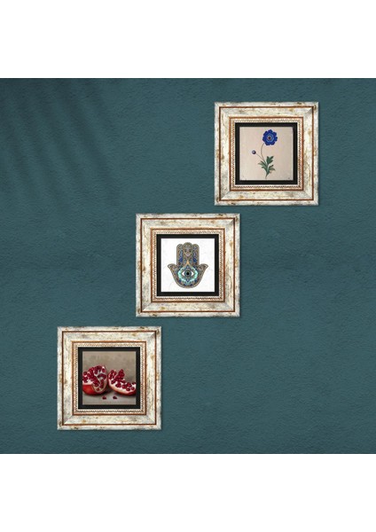 Ebru Sanatı, Nar, Fatma Ana Eli (Hamsa) Taş Duvar Tablosu Çerçeveli Duvar Dekoru 3 Parça Tablo Seti Wall Art T3-738