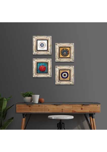 Nazar, Nar Taş Duvar Tablosu Çerçeveli Duvar Dekoru 4 Parça Tablo Seti Wall Art T4-1802