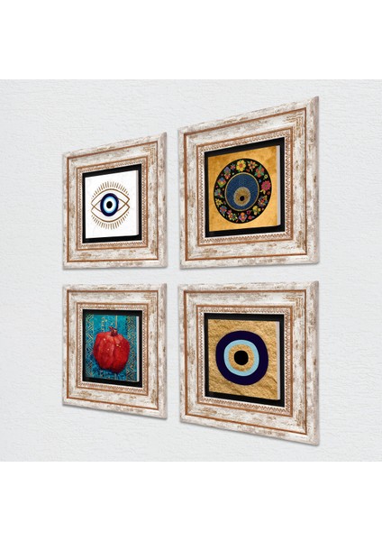 Nazar, Nar Taş Duvar Tablosu Çerçeveli Duvar Dekoru 4 Parça Tablo Seti Wall Art T4-1802