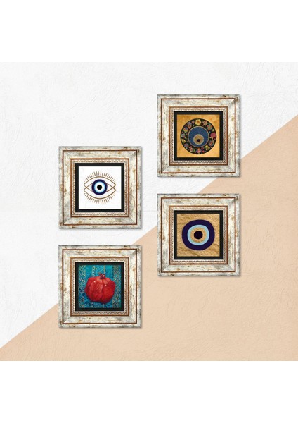 Nazar, Nar Taş Duvar Tablosu Çerçeveli Duvar Dekoru 4 Parça Tablo Seti Wall Art T4-1802