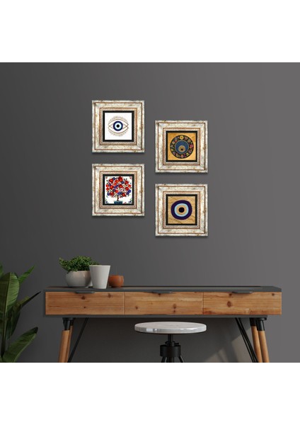 Nazar, Nar Ağacı Taş Duvar Tablosu Çerçeveli Duvar Dekoru 4 Parça Tablo Seti Wall Art T4-1803