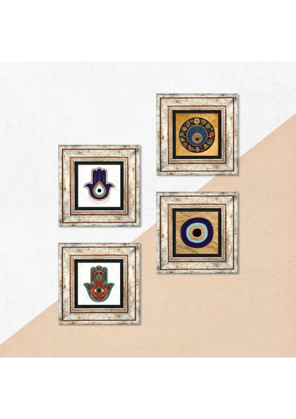 Stone Fatma Ana Eli (Hamsa), Nazar Çerçeveli Taş Duvar Tablosu 4’lü Set - Dekoratif Modern Sanat, Ev ve Ofis Dekoru |TK4-1817| indirimleri