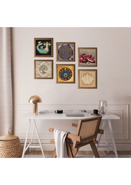 Lotus Çiçeği, Yaşam Çiçeği, Nazar, Şahmeran, Hayat Ağacı, Nar Taş Duvar Tablosu Ahşap Çerçeveli Duvar Dekoru 6 Parça Tablo Seti Wall Art W6-70