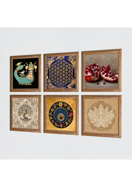 Lotus Çiçeği, Yaşam Çiçeği, Nazar, Şahmeran, Hayat Ağacı, Nar Taş Duvar Tablosu Ahşap Çerçeveli Duvar Dekoru 6 Parça Tablo Seti Wall Art W6-70