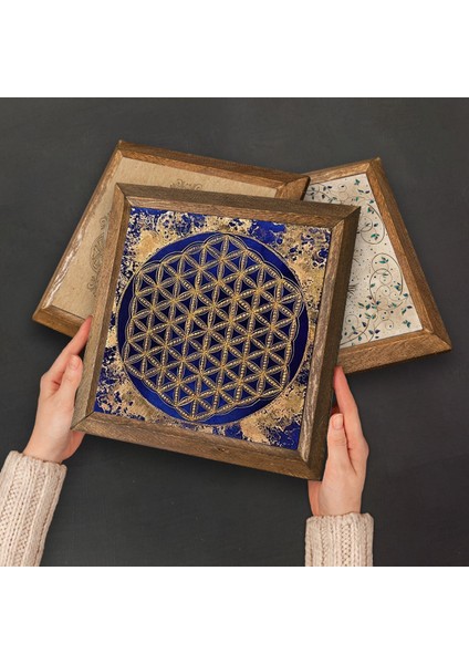Lotus Çiçeği, Yaşam Çiçeği, Nazar, Şahmeran, Hayat Ağacı, Nar Taş Duvar Tablosu Ahşap Çerçeveli Duvar Dekoru 6 Parça Tablo Seti Wall Art W6-70