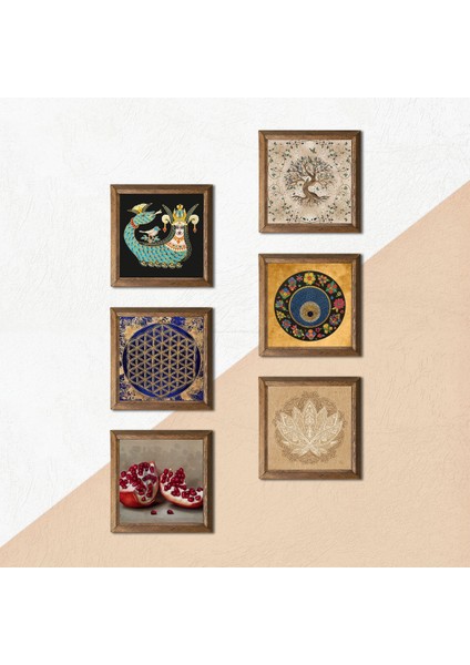 Lotus Çiçeği, Yaşam Çiçeği, Nazar, Şahmeran, Hayat Ağacı, Nar Taş Duvar Tablosu Ahşap Çerçeveli Duvar Dekoru 6 Parça Tablo Seti Wall Art W6-70