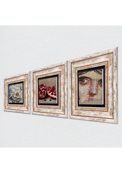 Çingene Kızı Mozaiği, Kelebekli Çiçek, Nar Taş Duvar Tablosu Çerçeveli Duvar Dekoru 3 Parça Tablo Seti Wall Art T3-1140 fiyatları