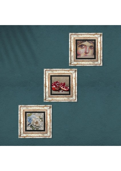 Çingene Kızı Mozaiği, Kelebekli Çiçek, Nar Taş Duvar Tablosu Çerçeveli Duvar Dekoru 3 Parça Tablo Seti Wall Art T3-1140 fırsatları