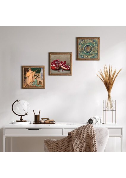 Mandala, İki Müzisyen Kız Tablosu, Nar Taş Duvar Tablosu Ahşap Çerçeveli Duvar Dekoru 3 Parça Tablo Seti Wall Art W3-1498