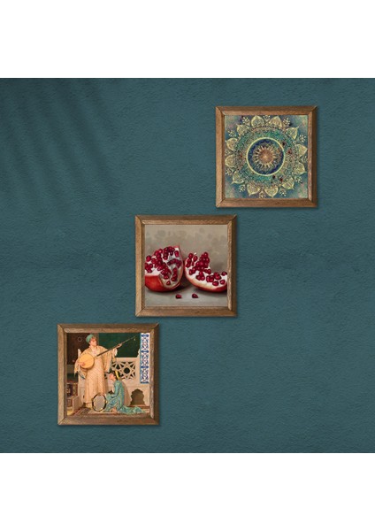Mandala, İki Müzisyen Kız Tablosu, Nar Taş Duvar Tablosu Ahşap Çerçeveli Duvar Dekoru 3 Parça Tablo Seti Wall Art W3-1498 modelleri