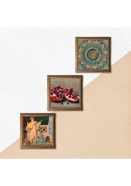 Mandala, İki Müzisyen Kız Tablosu, Nar Taş Duvar Tablosu Ahşap Çerçeveli Duvar Dekoru 3 Parça Tablo Seti Wall Art W3-1498 indirimleri
