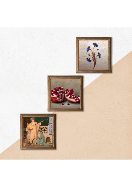 Ebru Sanatı, İki Müzisyen Kız Tablosu, Nar Taş Duvar Tablosu Ahşap Çerçeveli Duvar Dekoru 3 Parça Tablo Seti Wall Art W3-1500