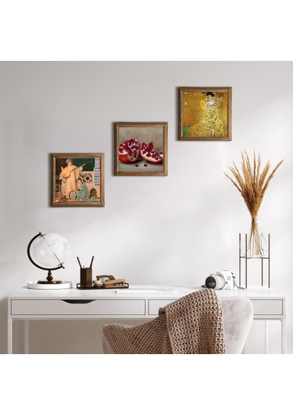 Gustav Klimt, İki Müzisyen Kız, Nar Taş Duvar Tablosu Ahşap Çerçeveli Duvar Dekoru 3 Parça Tablo Seti Wall Art W3-1507