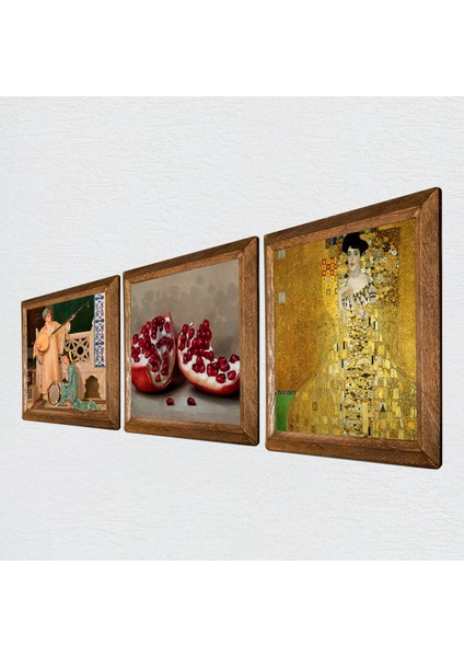Gustav Klimt, İki Müzisyen Kız, Nar Taş Duvar Tablosu Ahşap Çerçeveli Duvar Dekoru 3 Parça Tablo Seti Wall Art W3-1507